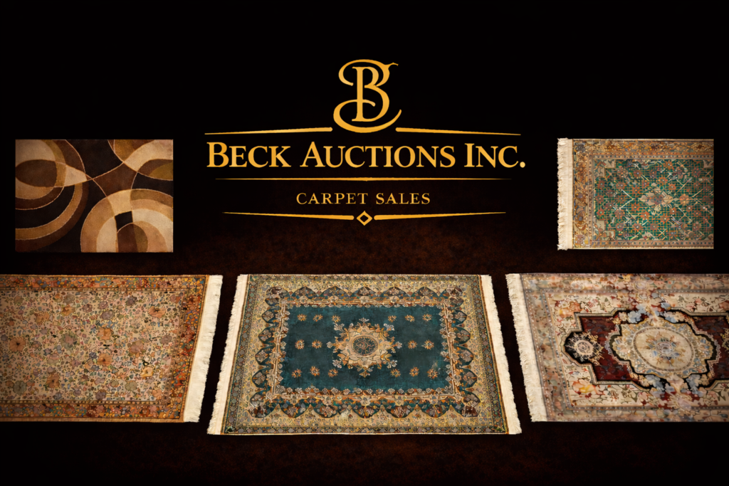 Beck Auctions Inc. Carpet Sales banner with a gold monogram logo centered on a dark textured background, flanked by decorative area rugs in rich patterns and colors arranged neatly on either side