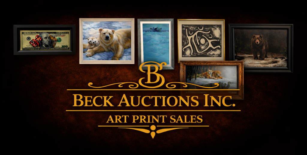 Beck Auctions Inc. Art Print Sales banner featuring a collection of framed artworks arranged across a dark, textured background with softly fading black edges. The prints include wildlife scenes with bears and tigers, an abstract black-and-white figure composition, a surreal burning $100 bill, and Arctic-themed imagery. Centered below the artwork is a gold ornamental ‘B’ above the text ‘Beck Auctions Inc.’ and ‘Art Print Sales’ in elegant gold lettering
