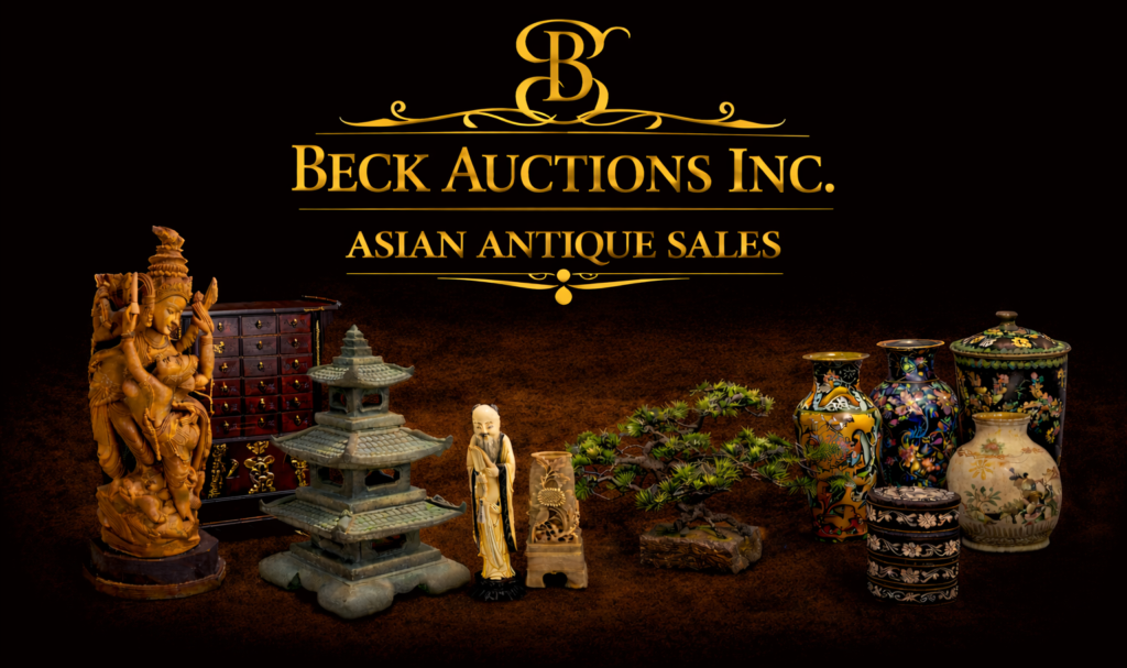 Banner for Beck Auctions Inc. titled “Asian Antiques,” featuring a curated display of Asian decorative art including a carved wooden deity statue, traditional multi-drawer cabinet, pagoda-style garden lantern, scholar figurines, bonsai tree, and ornate cloisonné vases and lidded containers arranged against a dark textured background with gold lettering.
