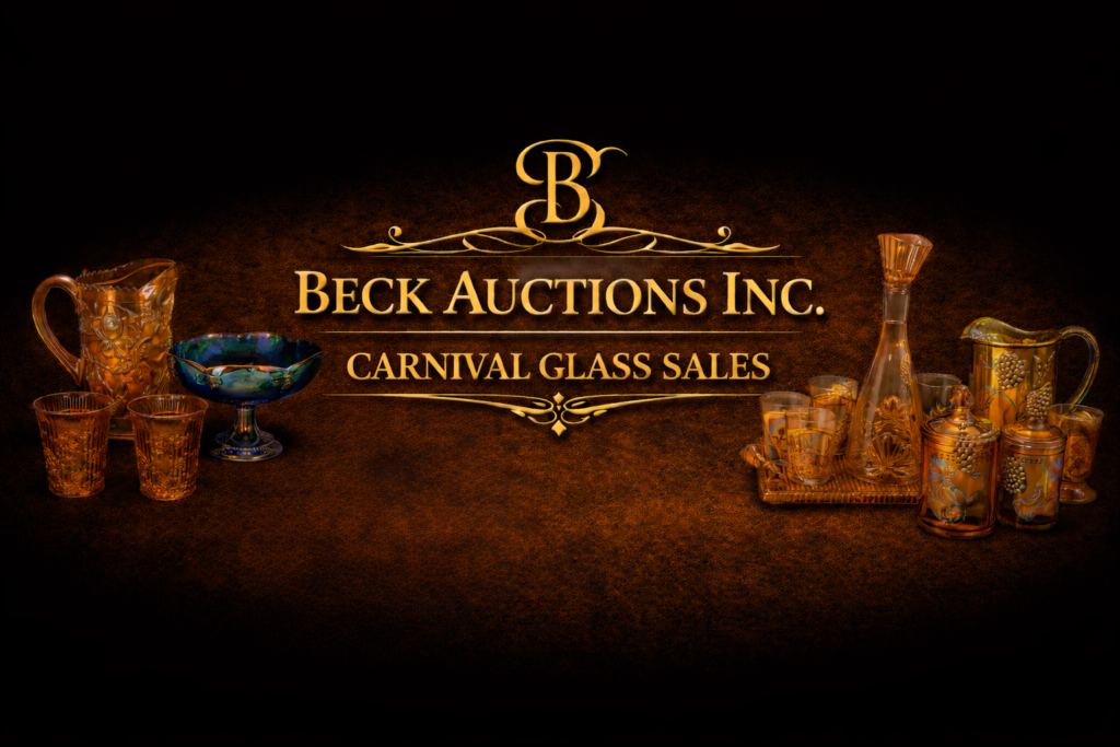Elegant Beck Auctions Inc. banner for Carnival Glass Sales featuring gold lettering on a dark textured background, with a central monogram and decorative flourishes, flanked by iridescent carnival glass pieces including pitchers, bowls, tumblers, and decorative containers in warm amber and multicolored finishes.