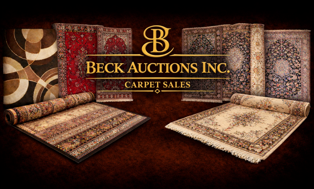 Beck Auctions Inc. Carpet Sales banner featuring a gold ornamental ‘B’ logo centered above the company name, with ‘Carpet Sales’ below. The design is set against a dark textured background and framed by richly patterned carpets on both sides, including traditional Persian-style rugs and modern designs, some rolled and others displayed flat
