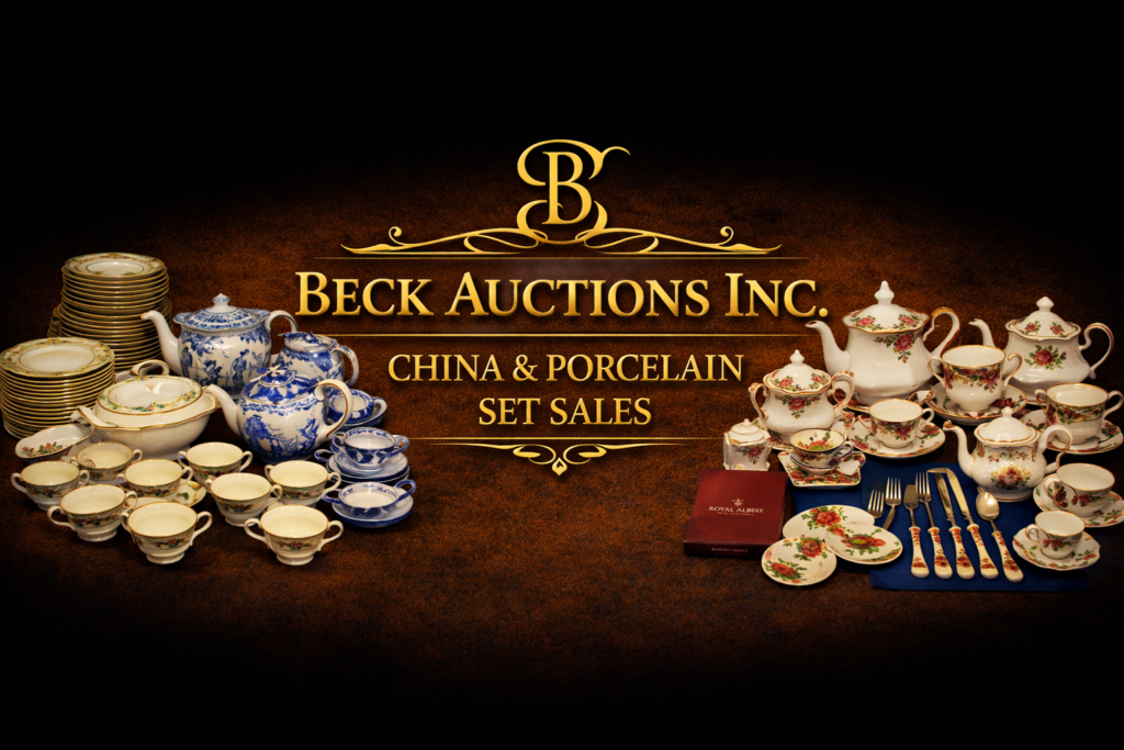 Elegant Beck Auctions Inc. banner showcasing China and porcelain set sales, featuring gold typography and curated displays of fine china including blue-and-white teaware, floral Royal Albert pieces, and classic porcelain table settings
