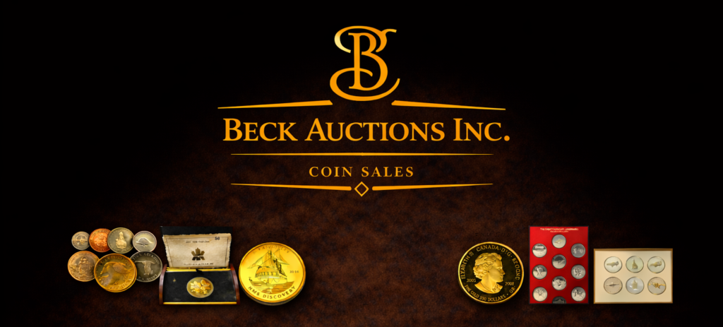 Beck Auctions Inc. Coin Sales banner featuring a gold monogram logo centered on a dark textured background, with a row of assorted collectible coins and coin sets arranged horizontally along the bottom