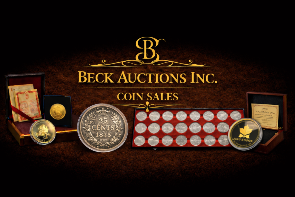 Elegant promotional banner for Beck Auctions Inc. advertising coin sales, featuring a central 1875 Canadian 25 cents coin, flanked by gold proof coins in presentation cases and a large Olympic commemorative silver coin set. The design uses a dark textured background with gold lettering and decorative flourishes for a refined, high-end appearance.