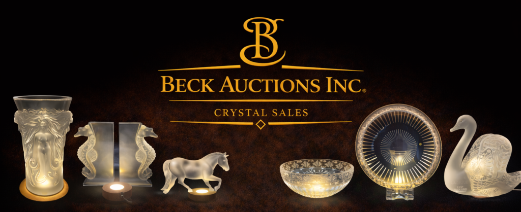 Beck Auctions Inc. Crystal Sales banner featuring a gold logo centered on a dark gradient background, with illuminated crystal pieces arranged horizontally on both sides, including a frosted glass vase, seahorse bookends, horse figurine, decorative bowl, Lalique-style plate, and swan sculpture