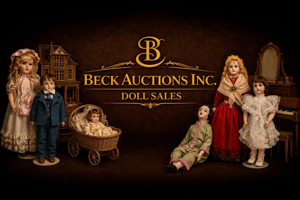 A wide, dark-toned auction banner featuring a gold “B” monogram above the text “Beck Auctions Inc.” and “Doll Sales” in elegant serif lettering. Antique dolls in period clothing are arranged symmetrically on both sides of the logo, including porcelain dolls in lace dresses, a seated doll in green attire, and a child doll in a blue suit. Vintage furniture pieces such as a dollhouse, cradle, and piano appear subtly in the background, all set against a rich brown-to-black gradient backdrop with warm lighting.