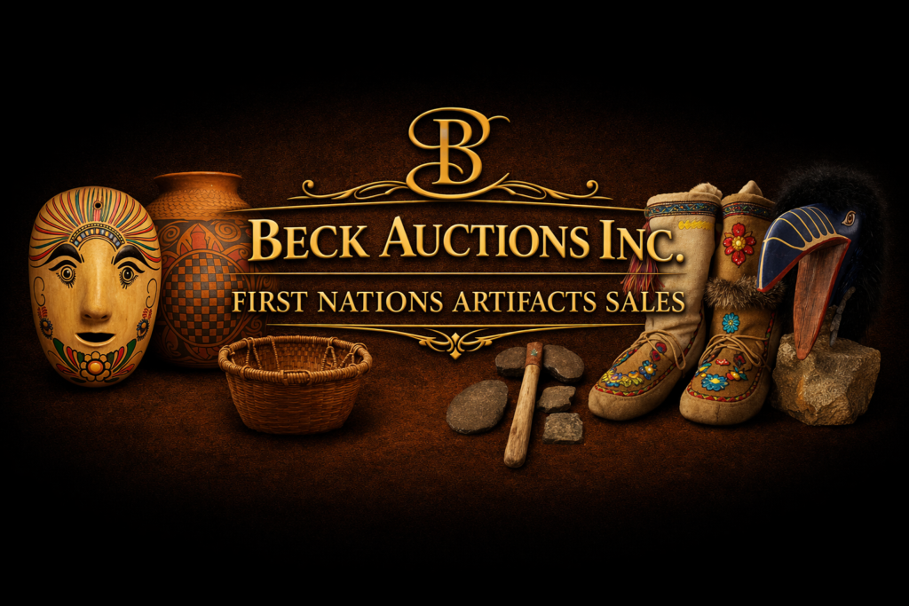 A dark, elegant banner featuring gold embossed lettering reading “Beck Auctions Inc.” with “First Nations Artifacts Sales” beneath. The design includes a central gold monogram and decorative flourishes, flanked by First Nations artifacts such as a painted ceremonial mask, pottery vessel, woven basket, traditional moccasins, stone tools, and a carved bird figure, all lit with warm tones against a textured background that fades to black at the edges.