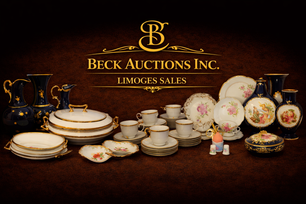 Luxury-style banner for Beck Auctions Inc. promoting Limoges Sales, with gold serif lettering and decorative flourishes on a dark textured background, accompanied by an arranged collection of Limoges porcelain including floral china sets, teacups, serving platters, and cobalt blue and gold decorative vases