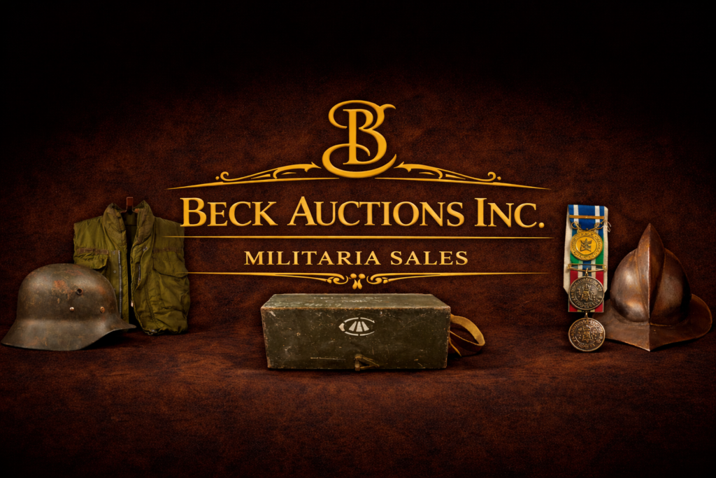 Militaria auction banner with WWII German helmet, military jacket, medals, antique European helmet and military field gear – Beck Auctions Inc militaria sales