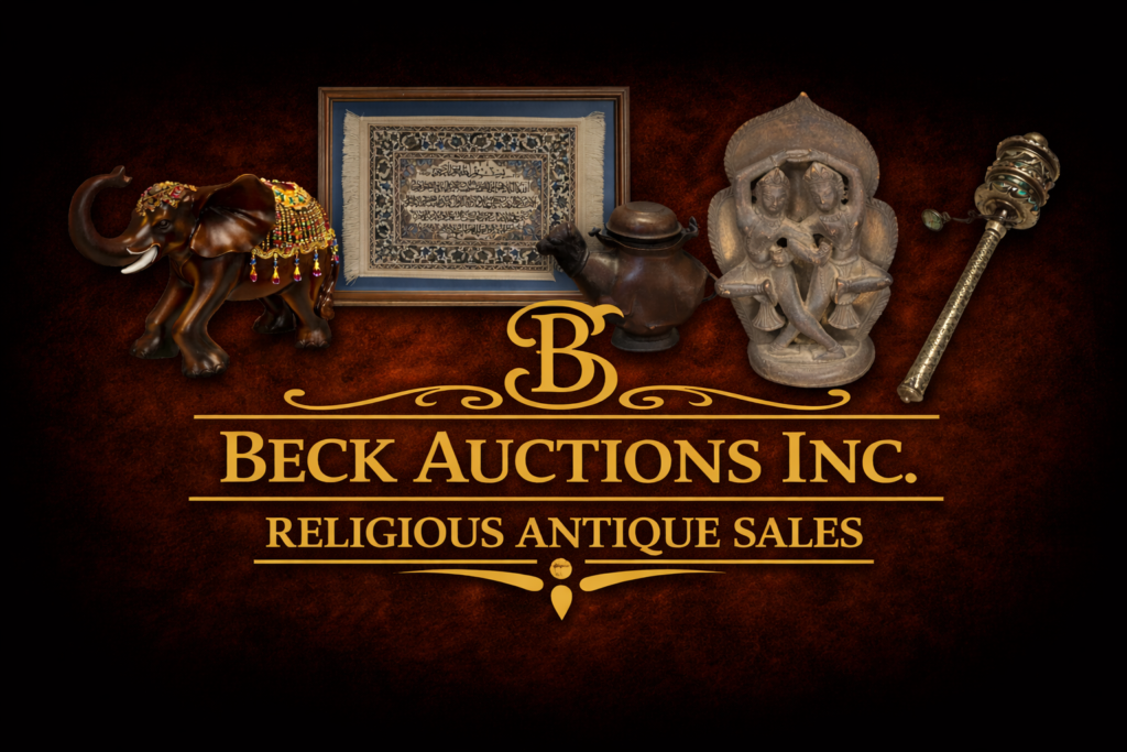 Beck Auctions Inc. Religious Antique Sales banner featuring a selection of antiques including a carved elephant figurine, framed Islamic textile, bronze teapot, Hindu sculpture, and prayer wheel arranged around a gold logo on a dark textured background