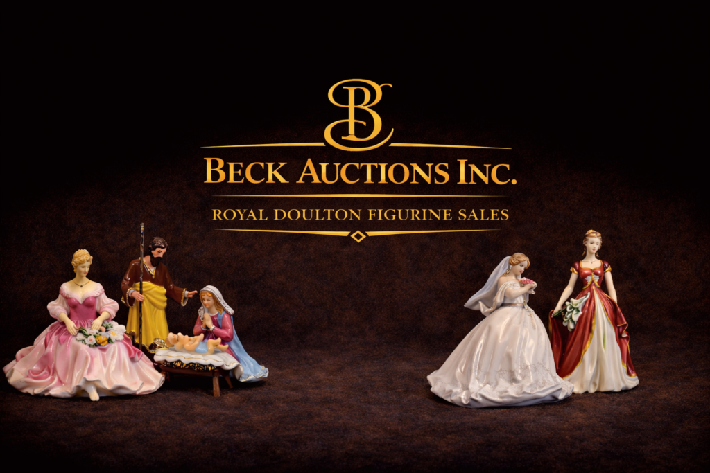 Beck Auctions Inc. Royal Doulton Figurine Sales banner with collectible Royal Doulton porcelain figurines displayed on a dark background with gold text