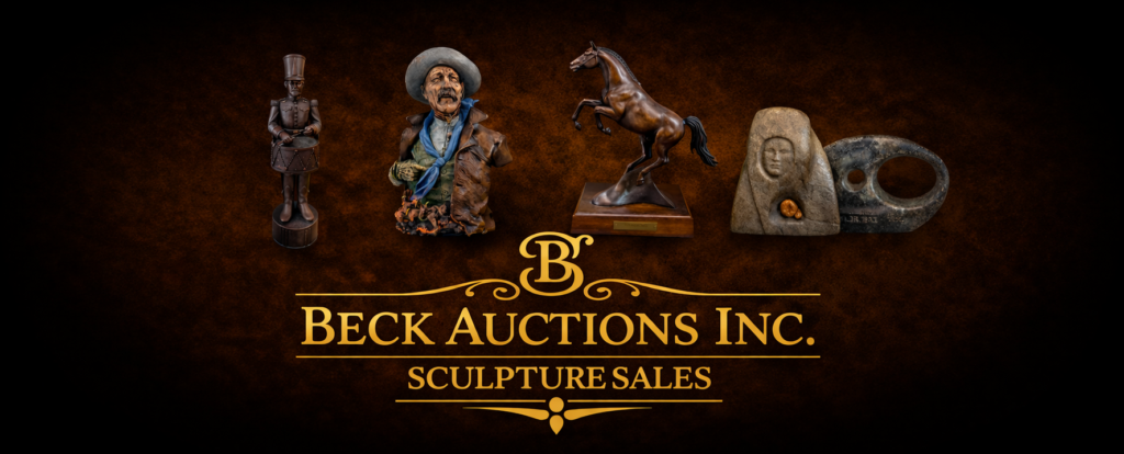 Elegant promotional banner for Beck Auctions Inc. Sculpture Sales, featuring gold serif lettering and logo centered on a dark textured background with fading black edges. Surrounding the title are multiple sculptures, including a bronze nutcracker soldier, a detailed cowboy bust, a rearing horse sculpture, and carved stone figures, arranged symmetrically across the top.