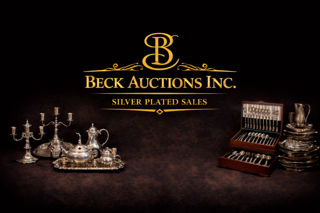 Beck Auctions Inc. Silver Plated Sales banner with gold logo centered between silver plated tea set, coin in presentation box, serving trays, and cutlery on a dark background