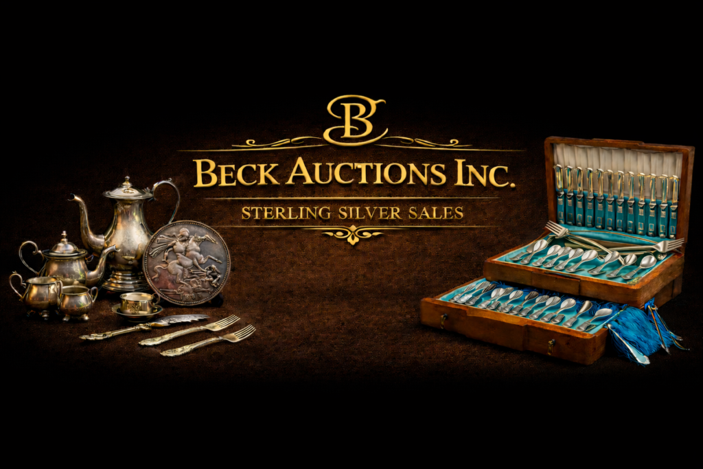 Beck Auctions Inc. Sterling Silver Sales banner with gold logo centered between antique silver items including tea sets, coins, and cutlery on a dark background