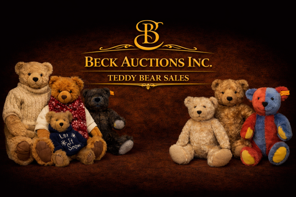 A dark, elegant promotional banner for Beck Auctions Inc. featuring gold lettering reading “Beck Auctions Inc.” and “Teddy Bear Sales,” centered against a warm brown textured background. A collection of vintage and collectible teddy bears in various sizes, colors, and styles are arranged symmetrically along the bottom and sides of the banner.