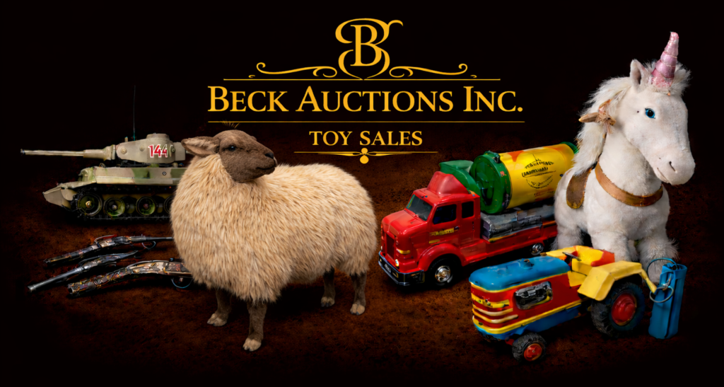 Beck Auctions Inc. Toy Sales header featuring a central gold logo on a dark gradient background, flanked by vintage toys including a model tank, antique-style toy pistols, a plush llama, a red toy truck with cement mixer, a vintage tractor, and a white unicorn ride-on toy