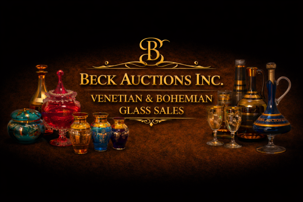A dark, high-contrast banner featuring gold embossed text reading “Beck Auctions Inc.” with “Venetian & Bohemian Glass Sales” beneath, centered under a decorative gold monogram. The composition is flanked by an arrangement of colorful antique glassware, including red, blue, green, and amber vases, decanters, goblets, and ornate vessels, all illuminated with warm lighting against a textured background that fades to black at the edges.