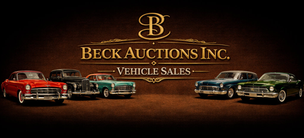Beck Auctions Inc. Vehicle Sales banner featuring gold lettering and classic vintage cars lined on both sides against a dark background